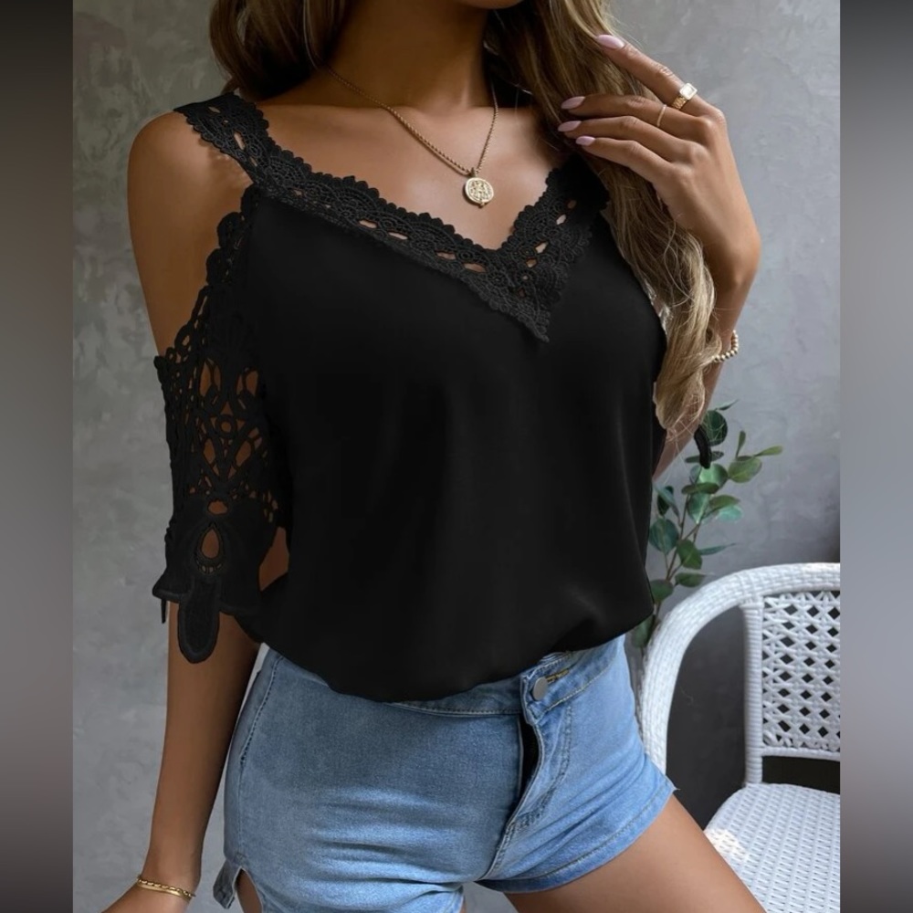 Boho black lace cold shoulder top - Picture 2 of 7